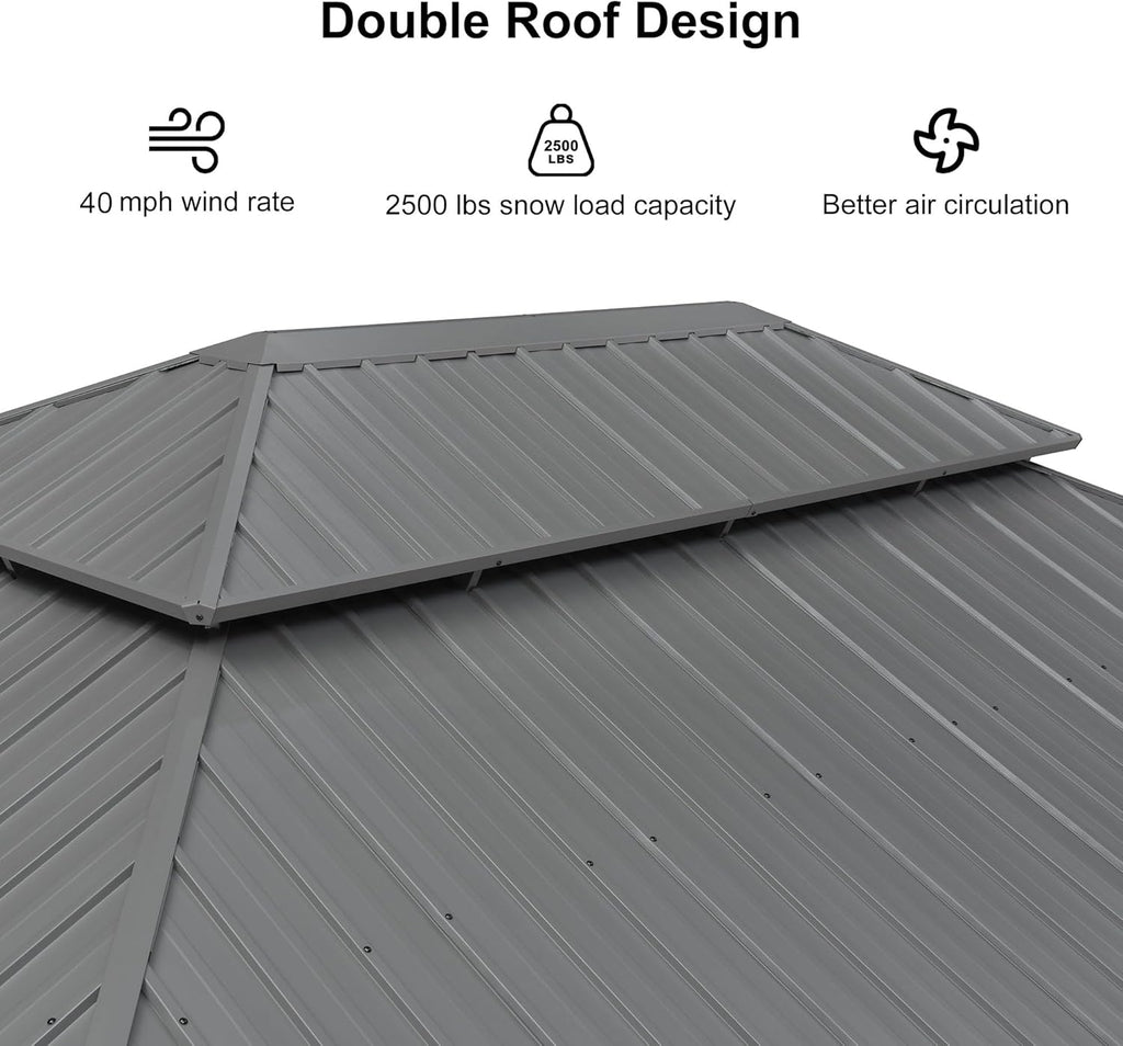 PURPLE LEAF 14' x 20' Outdoor Hardtop Gazebo with Netting and Curtains Galvanized Steel Double Roof and Aluminum Frames Permanent Wind Resistance Pavilion Gazebo for Patio Deck Garden, Light Grey