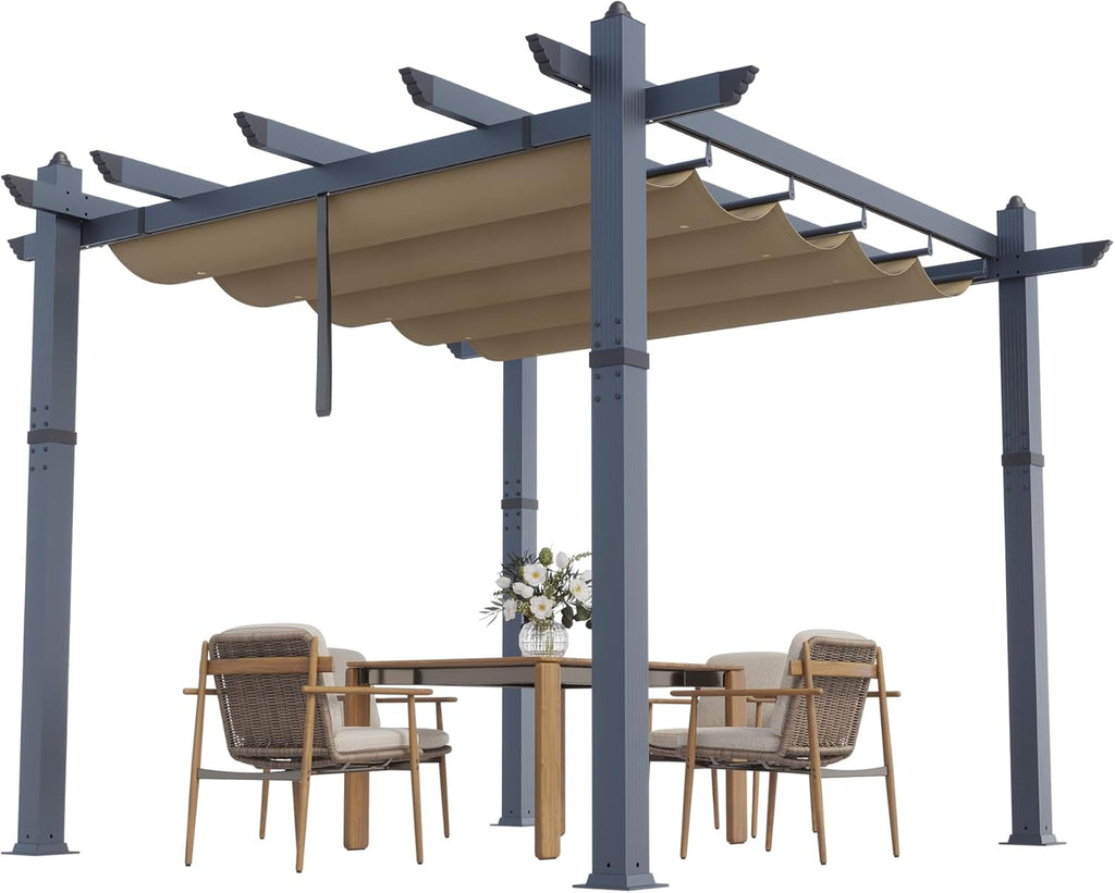 GarveeLife 10x10 ft Aluminum Pergola, Outdoor Metal Pergola with Adjustable Canopy, Reinforced Frame Outdoor Shelter for Backyard, Garden and Deck - Khaki