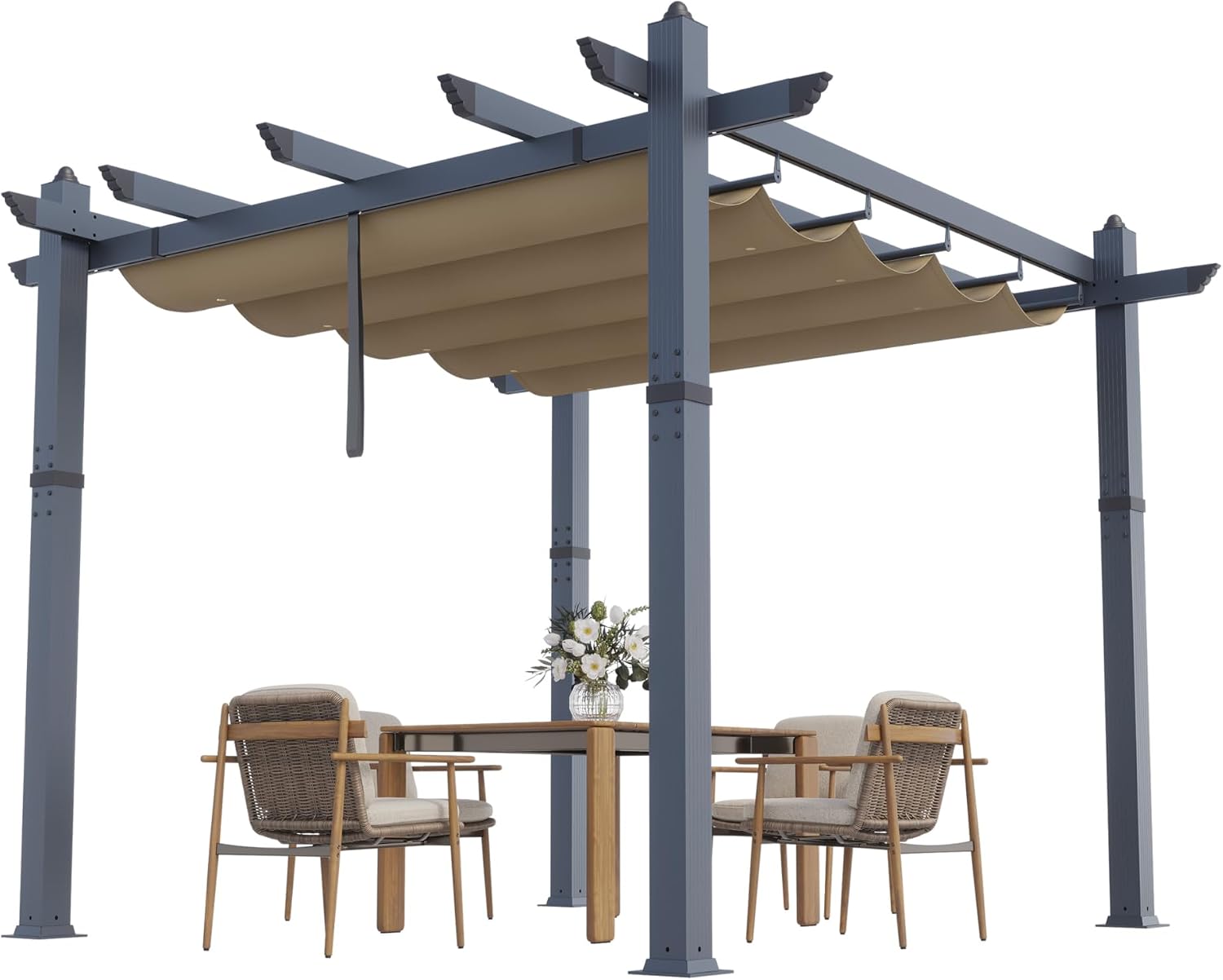 GarveeLife 10x10 ft Aluminum Pergola, Outdoor Metal Pergola with Adjustable Canopy, Reinforced Frame Outdoor Shelter for Backyard, Garden and Deck - Khaki