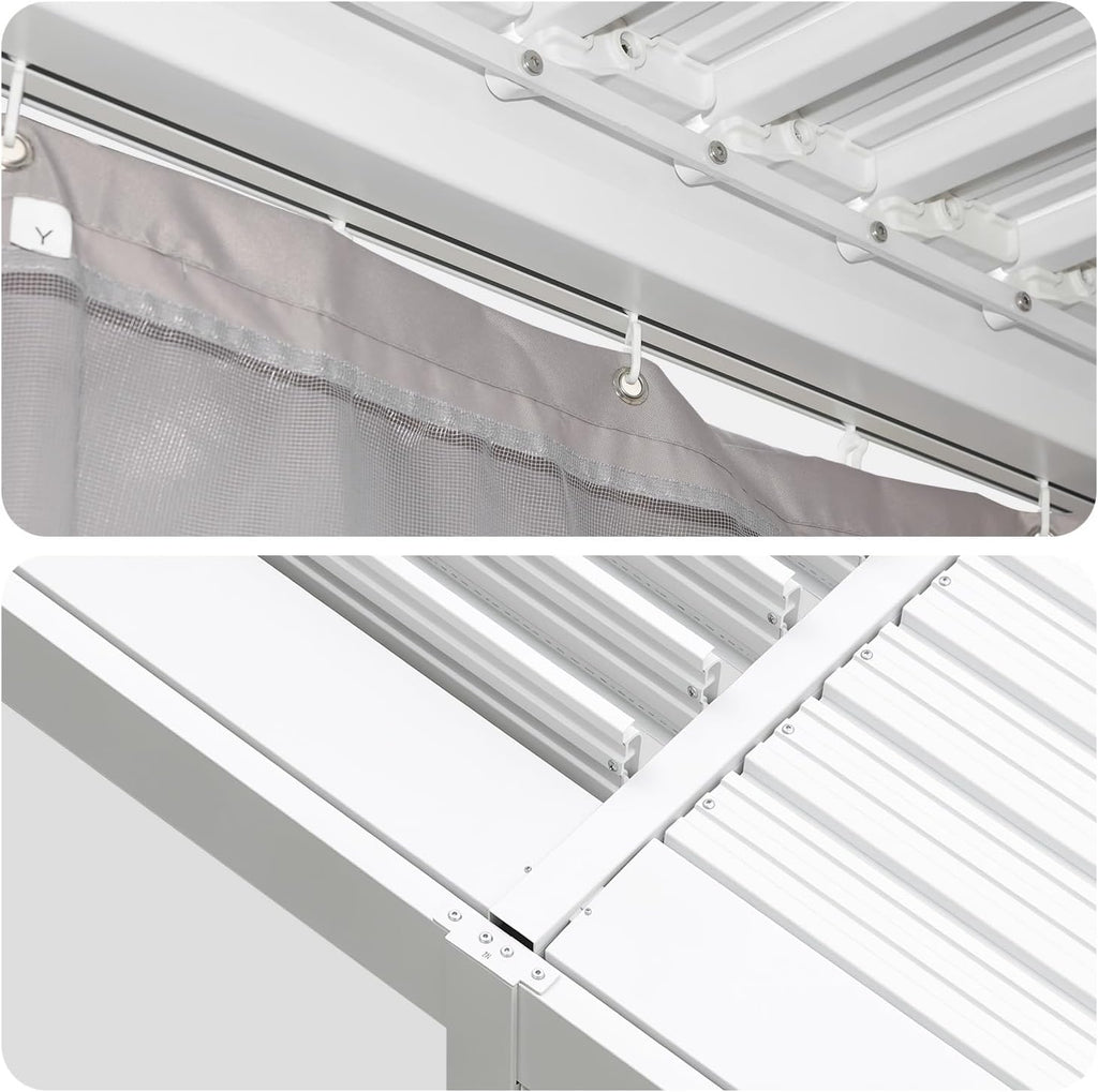 MELLCOM Louvered Pergola 12x20, Steel Aluminum Pergola with Adjustable Louvered Roofs, Outdoor Gazebo with Waterproof Curtains and Nets, White