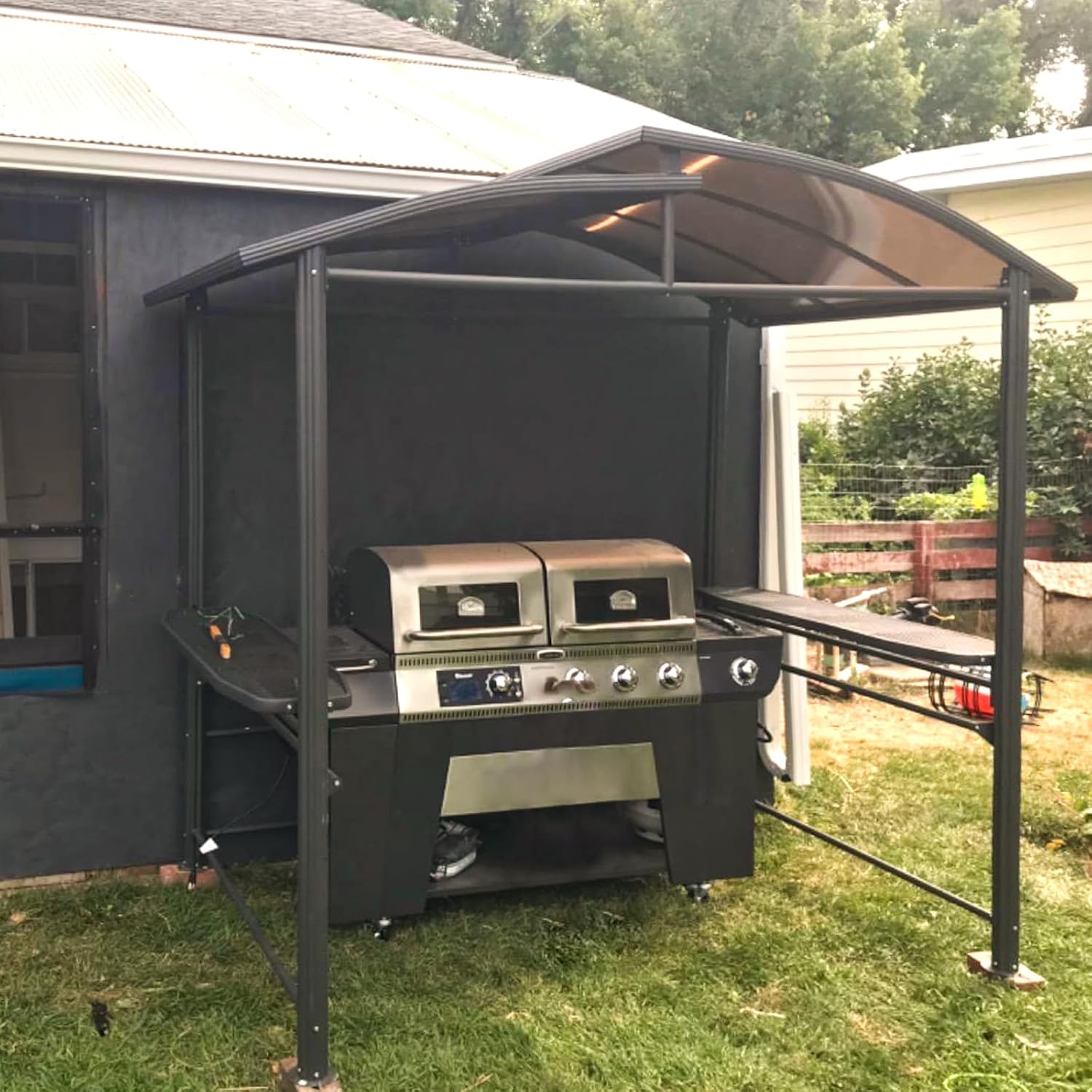 COOS BAY 8x5 Hardtop Grill Gazebo, Outdoor BBQ Canopy, Steel Frame Double-Tier Polycarbonate Roof with Side Shelves, Weather Resistant