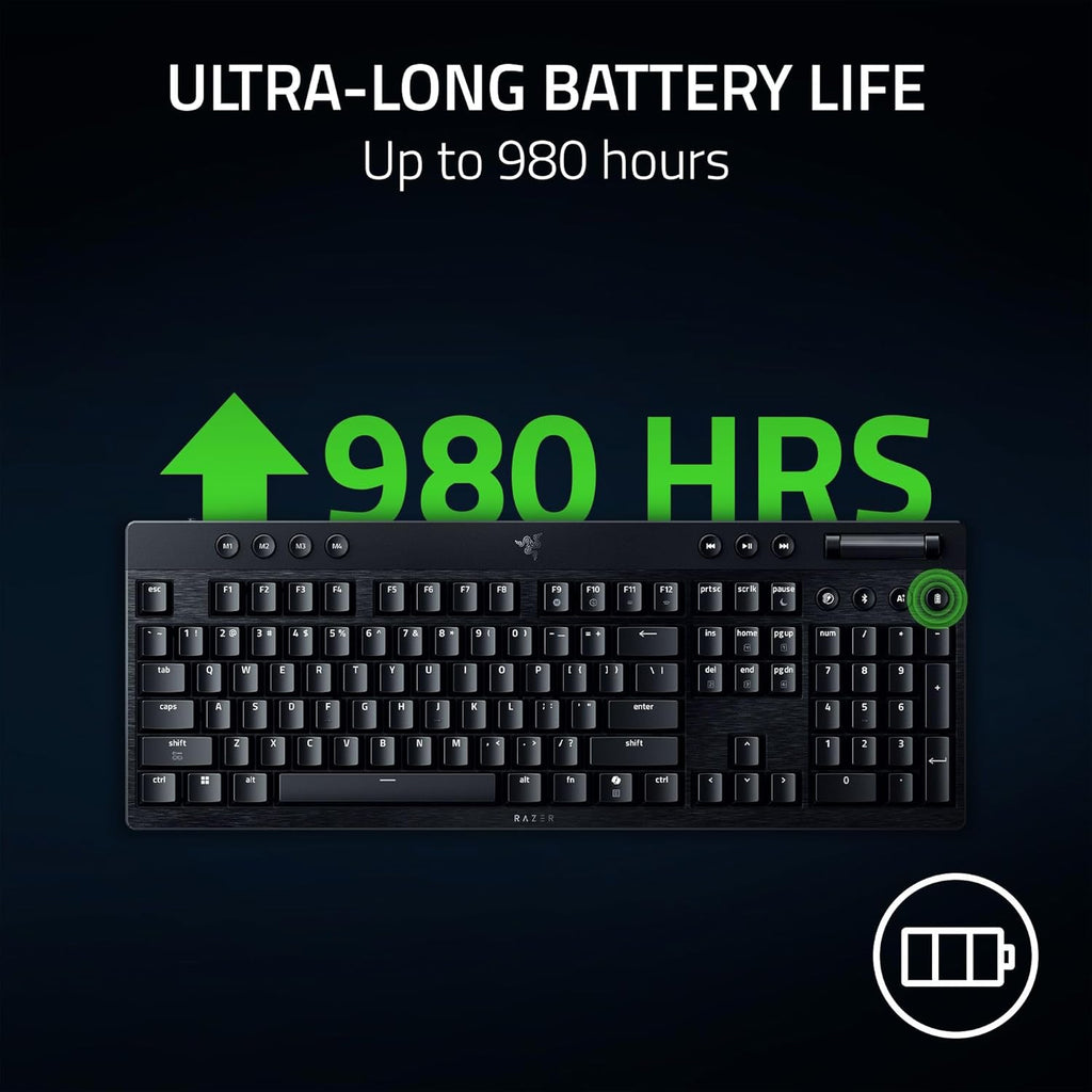 Razer BlackWidow V4 Low Profile HyperSpeed Wireless Gaming Keyboard: Green Mechanical Switches - 2.4GHz Wireless & Bluetooth - Multi-Function Roller - 11 Control Buttons - Long Battery Life