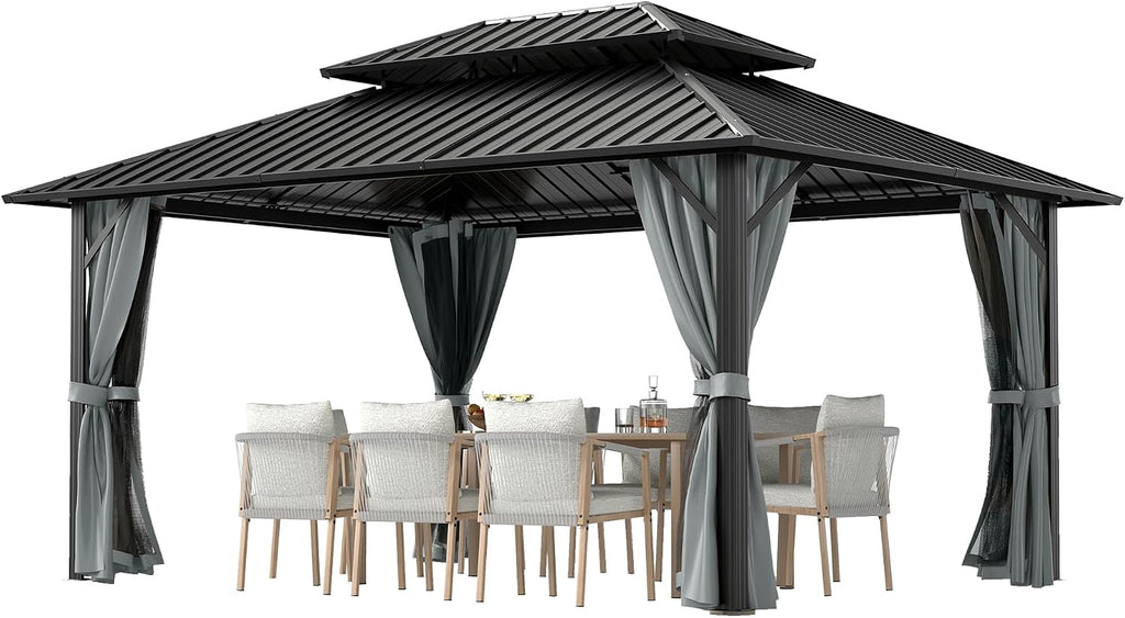 12' x 16' Hardtop Gazebo, Aluminum Frame with Double Galvanized Steel Roof,Permanent Outdoor Gazebo with Netting and Curtains for Backyard, Garden, or Deck, Gray