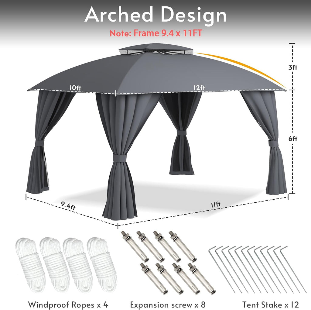 Gazebo 10x12(Canopy Size) with Mosquito Netting & Privacy Screens. Double Roof Design Outdoor Gazebo with Trapezoidal Support System for Patio, Deck, Backyard, Garden & Lawns