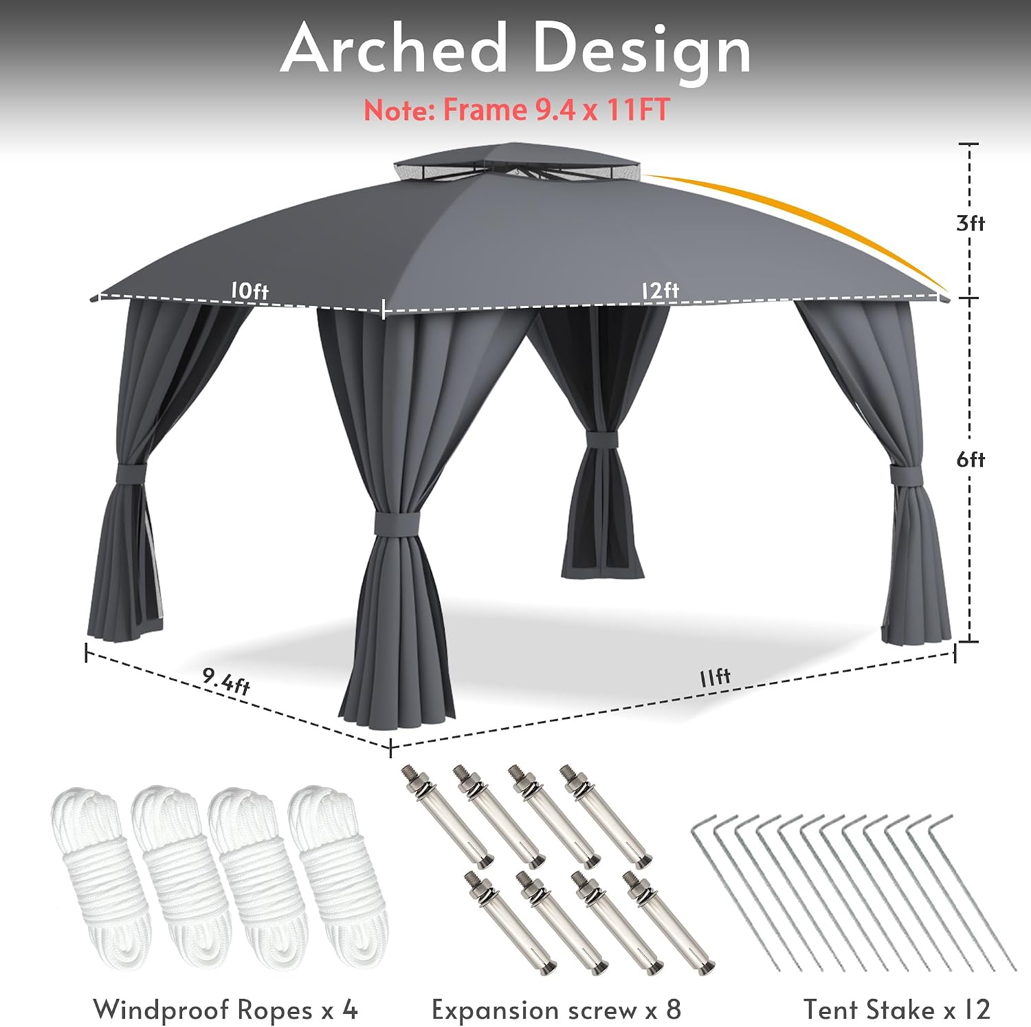 Gazebo 10x12(Canopy Size) with Mosquito Netting & Privacy Screens. Double Roof Design Outdoor Gazebo with Trapezoidal Support System for Patio, Deck, Backyard, Garden & Lawns