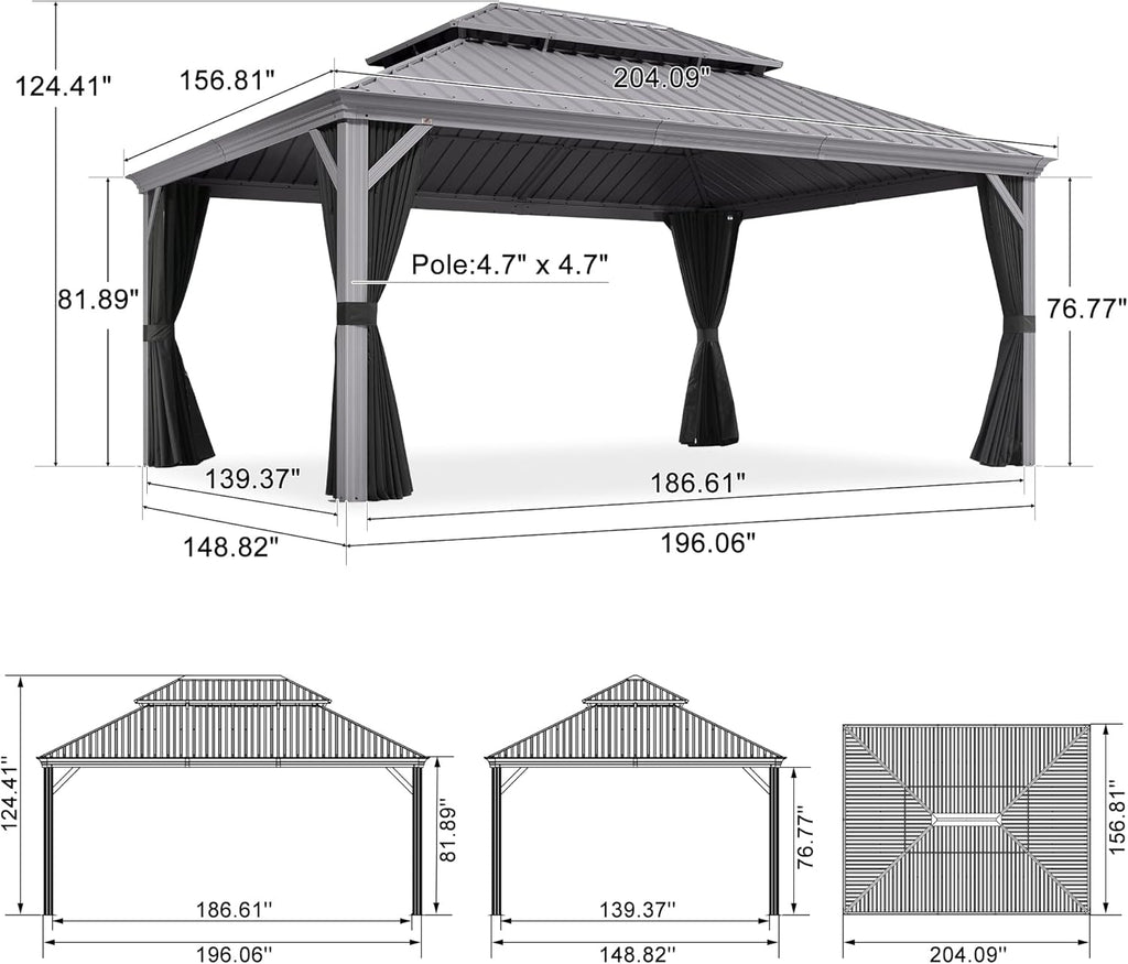 PURPLE LEAF 13' x 17' Hardtop Aluminum Gazebo with Double Metal Roof Heavy Duty Permanent Gazebo for Patio Deck Lawn Garden All Weather Outdoor Pavilion Gazebos, Light Grey