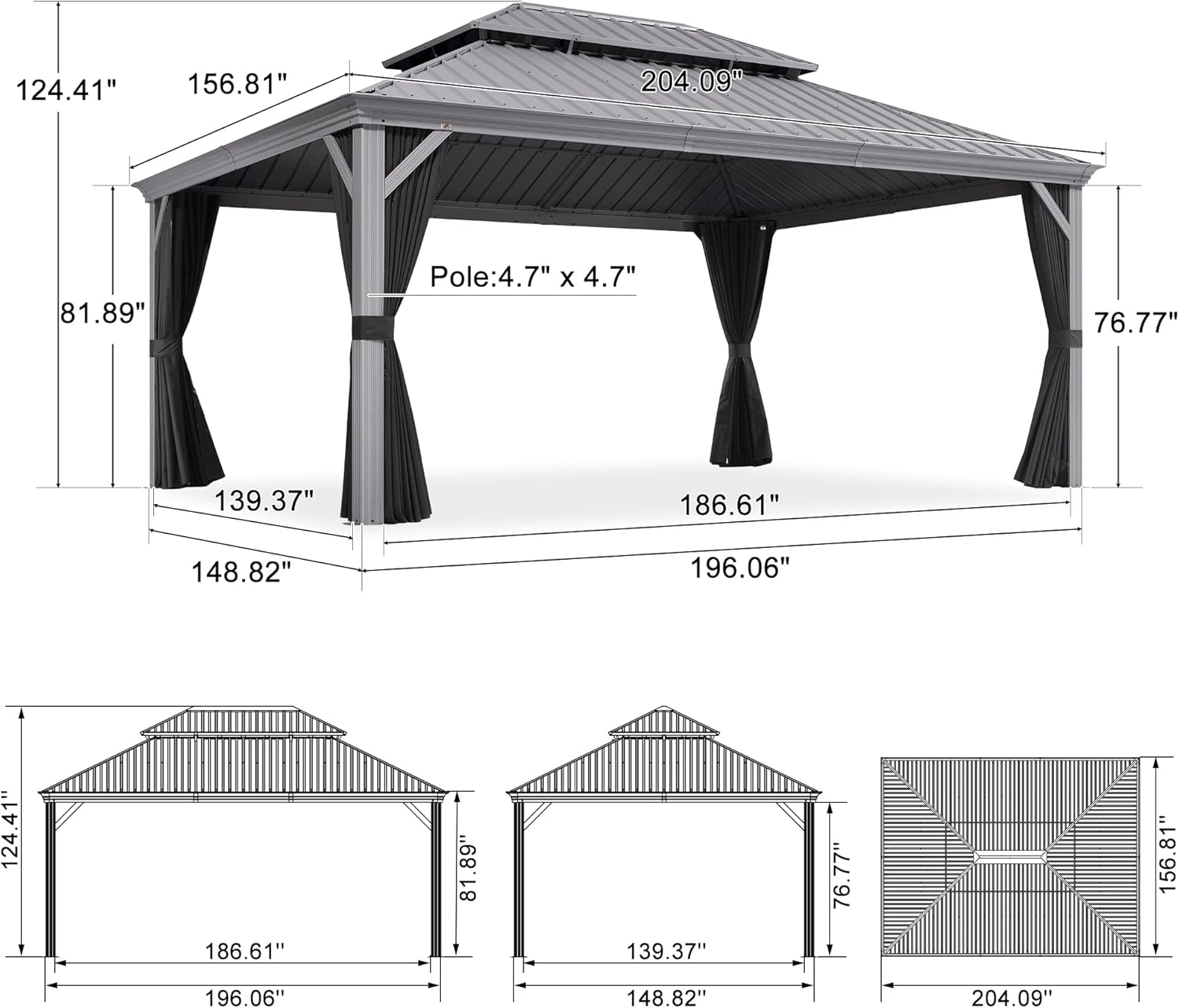 PURPLE LEAF 13' x 17' Hardtop Aluminum Gazebo with Double Metal Roof Heavy Duty Permanent Gazebo for Patio Deck Lawn Garden All Weather Outdoor Pavilion Gazebos, Light Grey