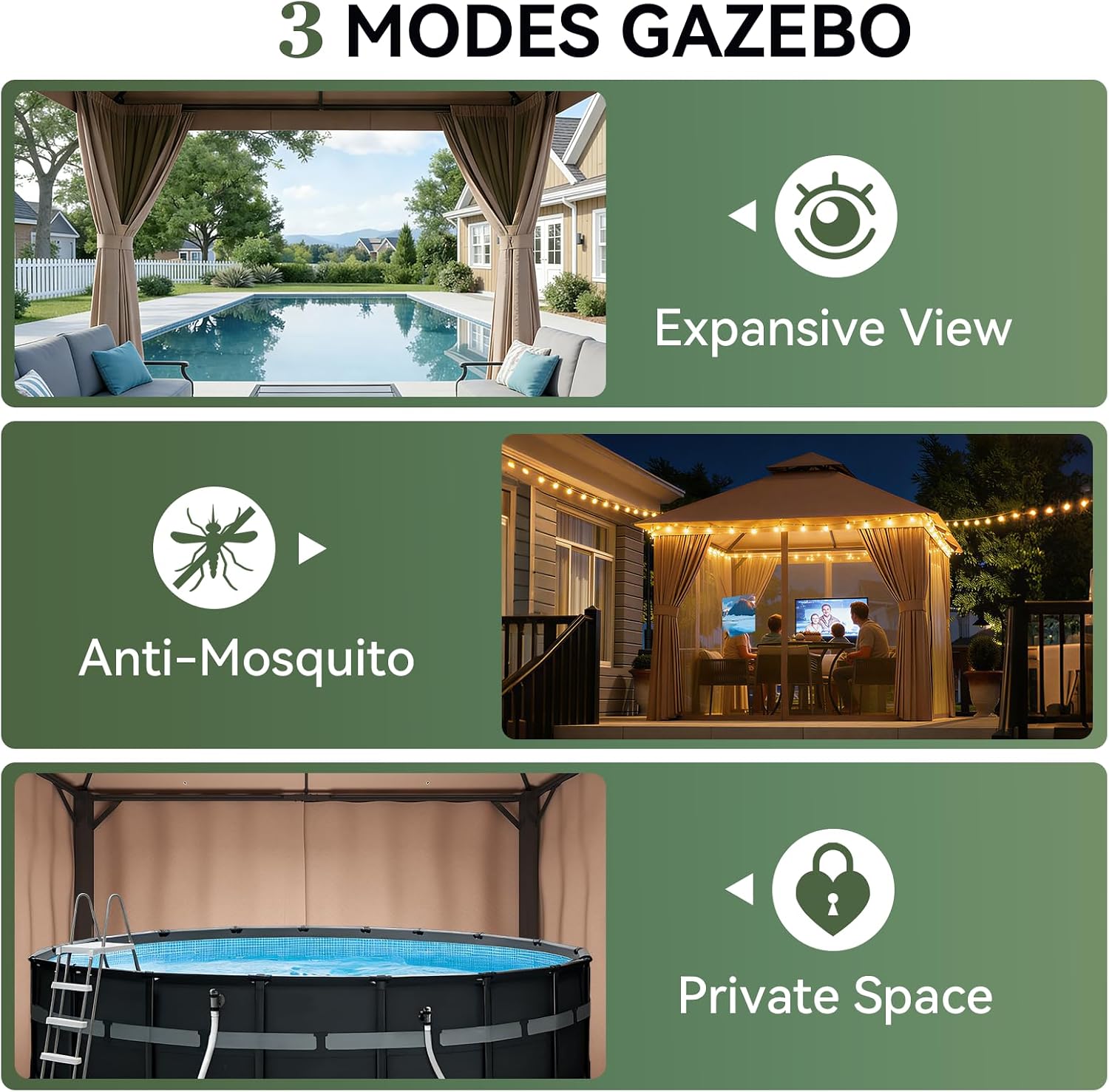 AOXUN Outdoor Gazebo for Patio 8x8 Metal Frame Canopy with Double Roofs Heavy Duty Party Tent and Shelter with Mosquito Netting and Privacy Screen for Backyard, Lawn, Garden, Deck (Khaki)
