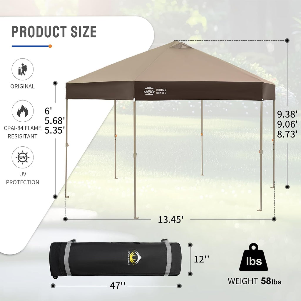CROWN SHADES 14x14 Pop up Gazebo, Patented Center Lock 6-Sided Portable Gazebo, Easy Set Up, 300D Silver-Coated Fabric UV Resistant, Pop Up Canopy Tent for Patio, Outdoor Activities, Beige&Coffee