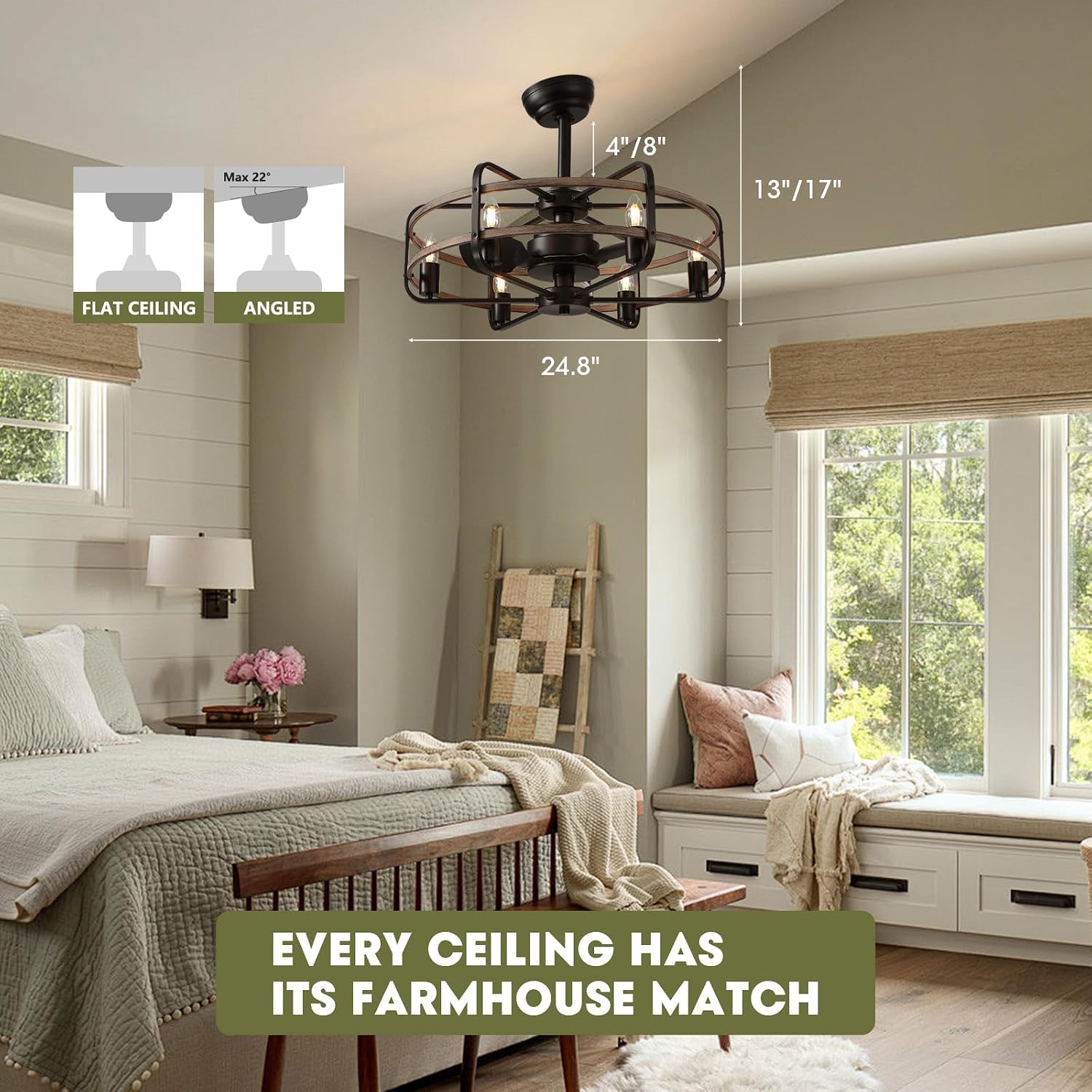 Industrial Caged Ceiling Fan with Lights, 25' Farmhouse Fandelier with Remote Control, 6-Speed Quiet Reversible Motor, E26 Base, Rustic Black and Wood Finish, No Bulbs Included