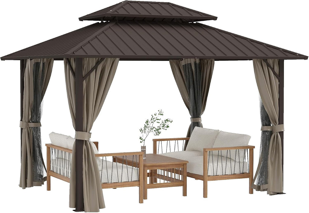 HAPPATIO 10'x12' Outdoor Gazebo with Hardtop Roof, Double Galvanized Steel Roof Canopy with Aluminum Frame, Curtains and Netting for Patio, Backyard, Deck, Lawn, Easy Assembly (Brown)