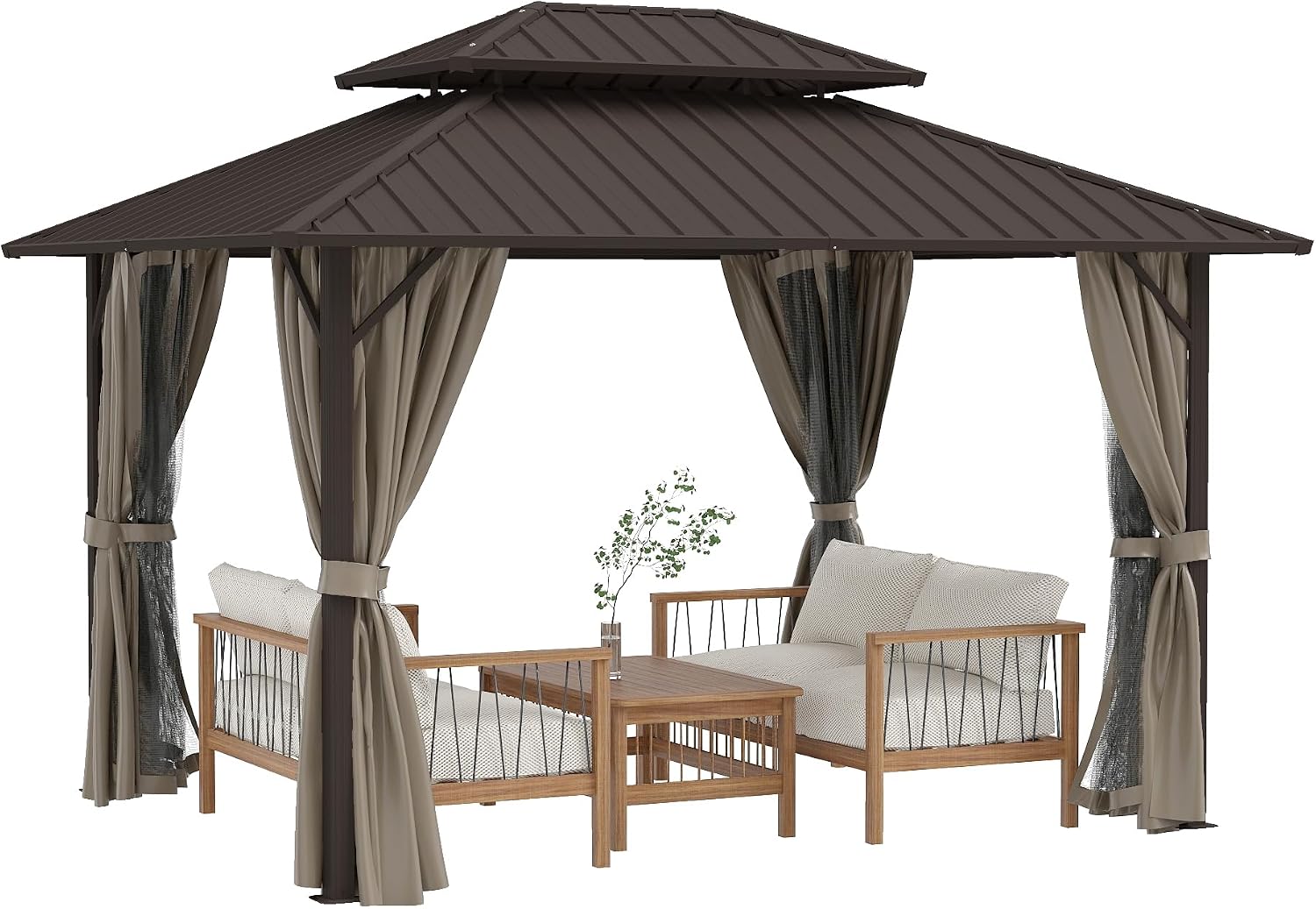HAPPATIO 10'x12' Outdoor Gazebo with Hardtop Roof, Double Galvanized Steel Roof Canopy with Aluminum Frame, Curtains and Netting for Patio, Backyard, Deck, Lawn, Easy Assembly (Brown)