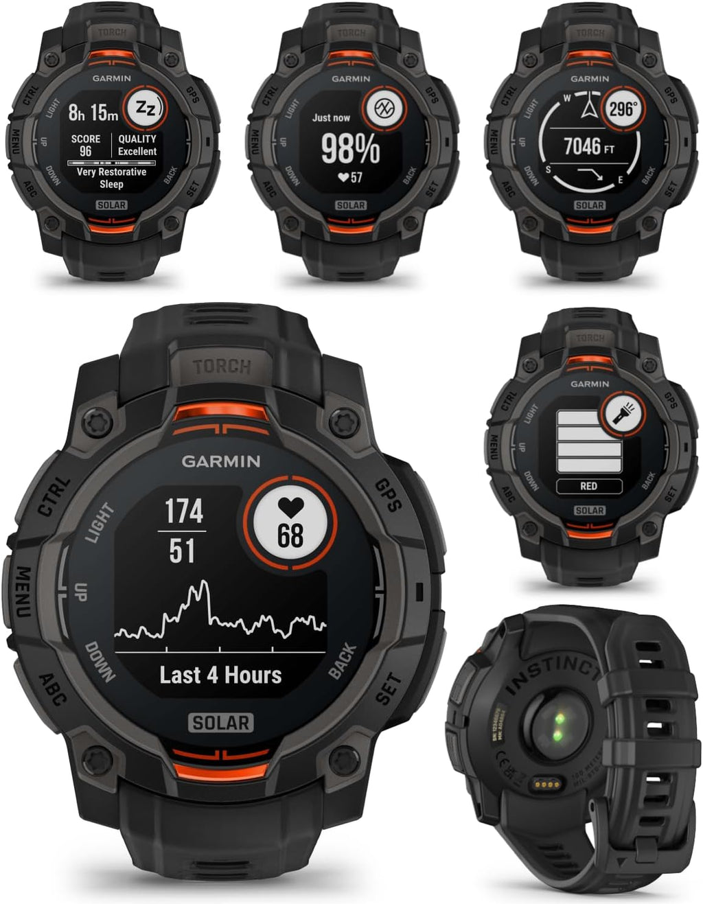 Garmin Instinct 3 Solar 45 mm, Rugged Outdoor GPS Smartwatch, Metal-Reinforced Bezel, Built-in Flashlight, Up to 28 Days of Battery Life, Black with Black Band Bundle
