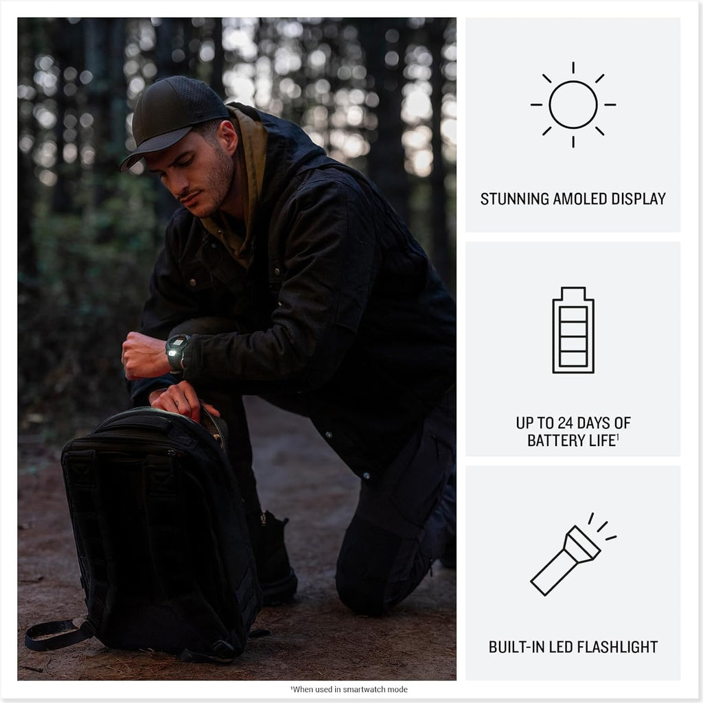 PlayBetter Garmin Instinct 3 AMOLED Tactical 50mm (Black) Rugged Outdoor GPS Smartwatch Gift Box Bundle - Built-in Flashlight HD Screen Protectors, Wall Adapter & Case