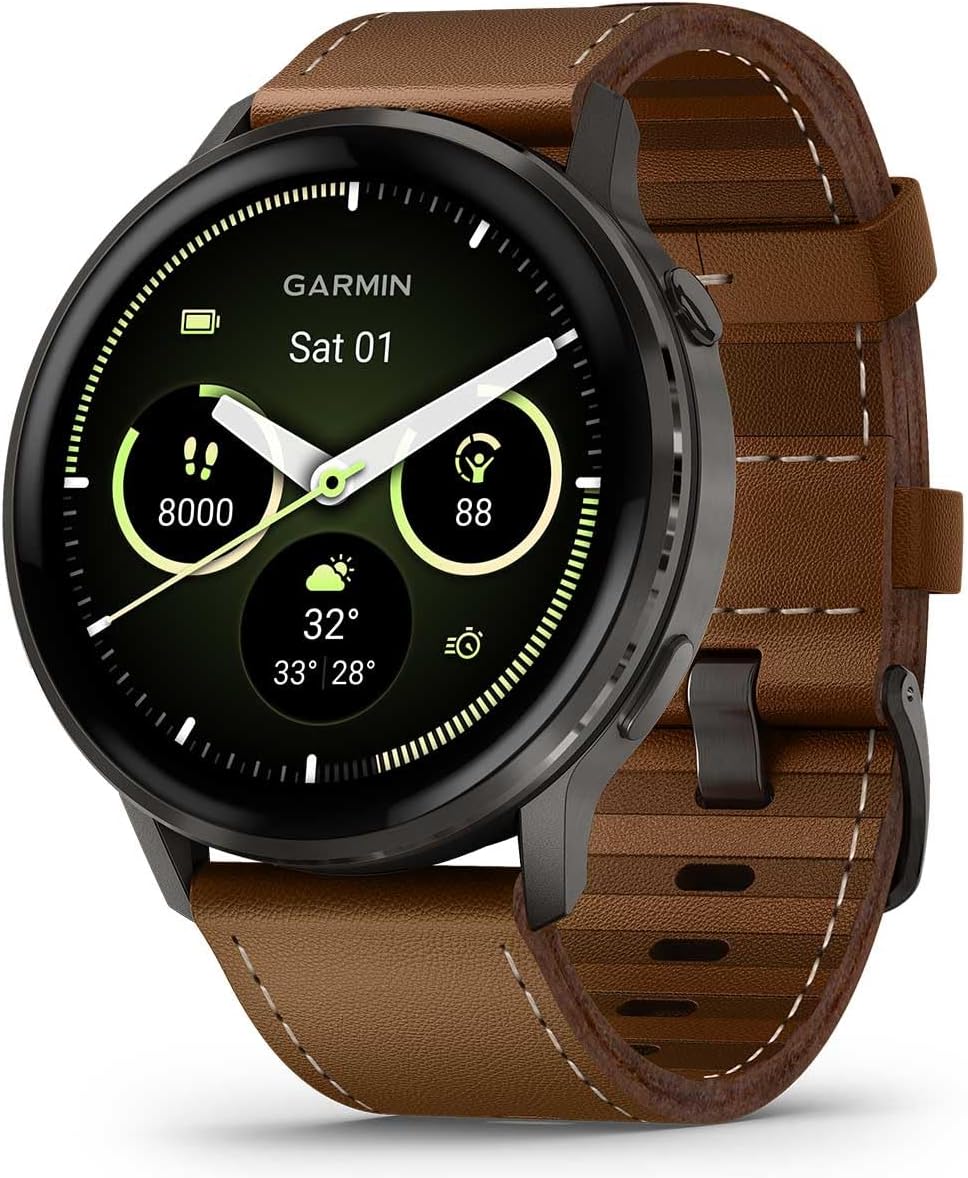PlayBetter Garmin Venu 4 (Slate/Black/Brown Leather, 45mm) Fitness GPS Smartwatch Bundle - AMOLED Display, Built-in Flashlight, Long Battery Life Portable Charger & HD Screen Protectors