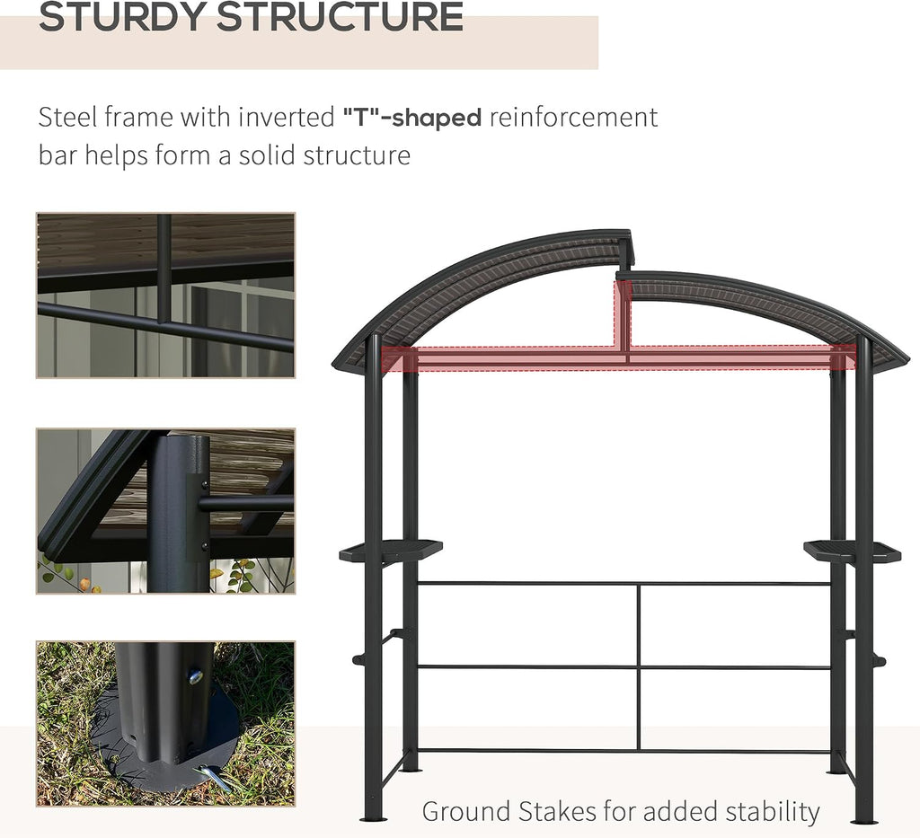 Outsunny 8' x 5' Grill Gazebo Shelter with Interlaced Vented Polycarbonate Roof, Outdoor BBQ Canopy with Side Shelves, Steel Frame for Garden, Patio, Backyard, Dark Gray