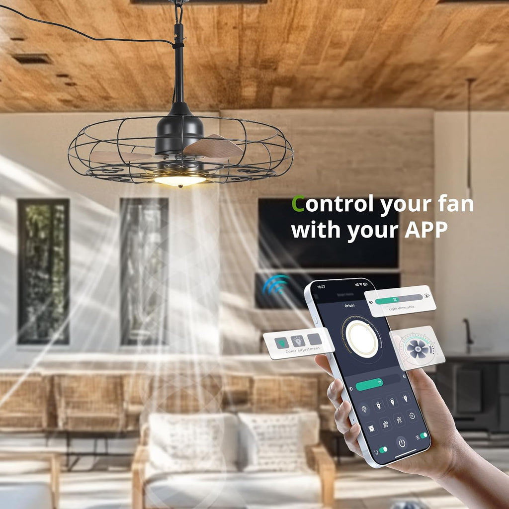 Orison Outdoor Ceiling Fans with Light, 28'' Wet Rated Outdoor Hanging Fan for Gazebo, Plug in Caged Lighting for Pergola Canopy, Hanging with Hook, 3 Color LED Light, Waterproof (28IN)