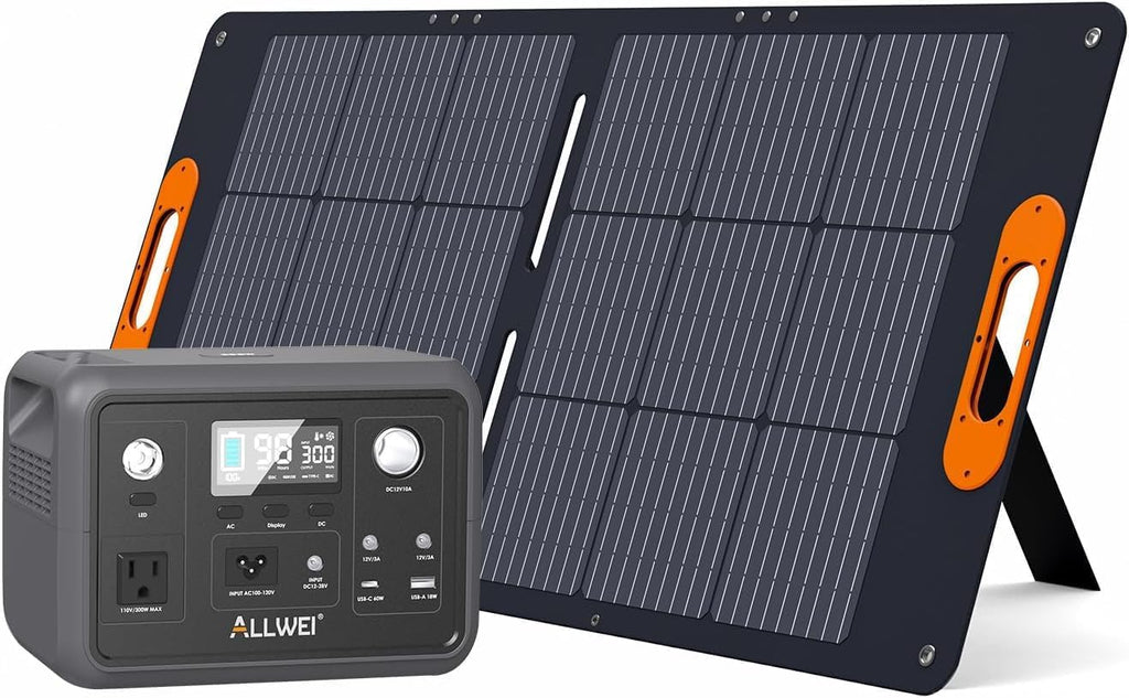 ALLWEI 300W Solar Generator with 100W Solar Panel Included, 256Wh Portable Power Station with AC Outlet USB Port, Solar Powered Battery Generator for Outdoor Camping, Home Backup, Power Outage