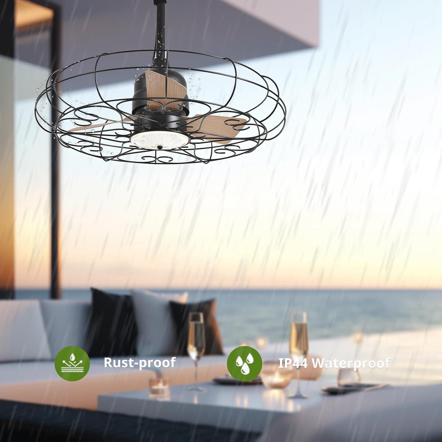 Orison Outdoor Ceiling Fans with Light, 28'' Wet Rated Outdoor Hanging Fan for Gazebo, Plug in Caged Lighting for Pergola Canopy, Hanging with Hook, 3 Color LED Light, Waterproof (28IN)
