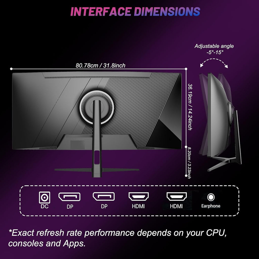 LXZ 34 Inch Curved Gaming Monitor UWQHD 3440x1440 165Hz 1500R 1ms MPRT Frameless Display DP HDMI 2.1