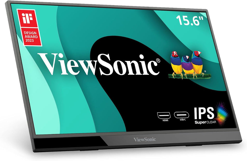 ViewSonic VX1655 15.6 Inch 1080p Portable Monitor, IPS Display for Comfortable Mobile Workspaces and Second Screen Productivity, Built-in Stand, 60W USB-C, and Mini HDMI Inputs