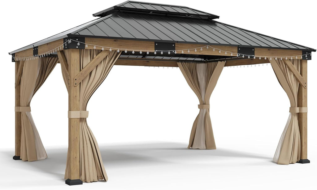 AMERLIFE 12' x 16' Heavy Duty Hardtop Gazebo with Double Metal Roof, Wood Gazebo with Privacy Curtains & Mosquito Netting, Outdoor Pavilion for Backyard, Garden & Patio, Brown