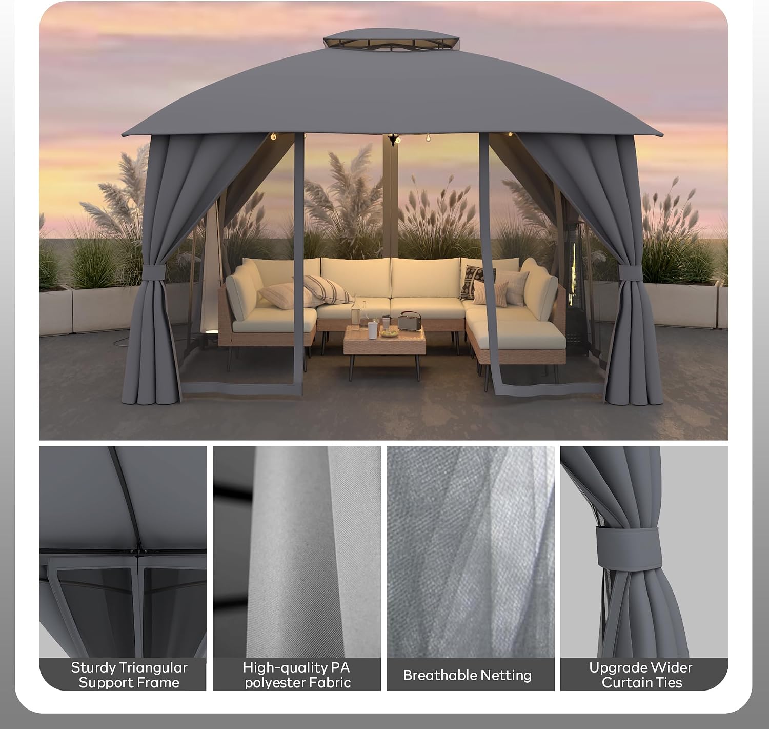 Gazebo 10x12(Canopy Size) with Mosquito Netting & Privacy Screens. Double Roof Design Outdoor Gazebo with Trapezoidal Support System for Patio, Deck, Backyard, Garden & Lawns