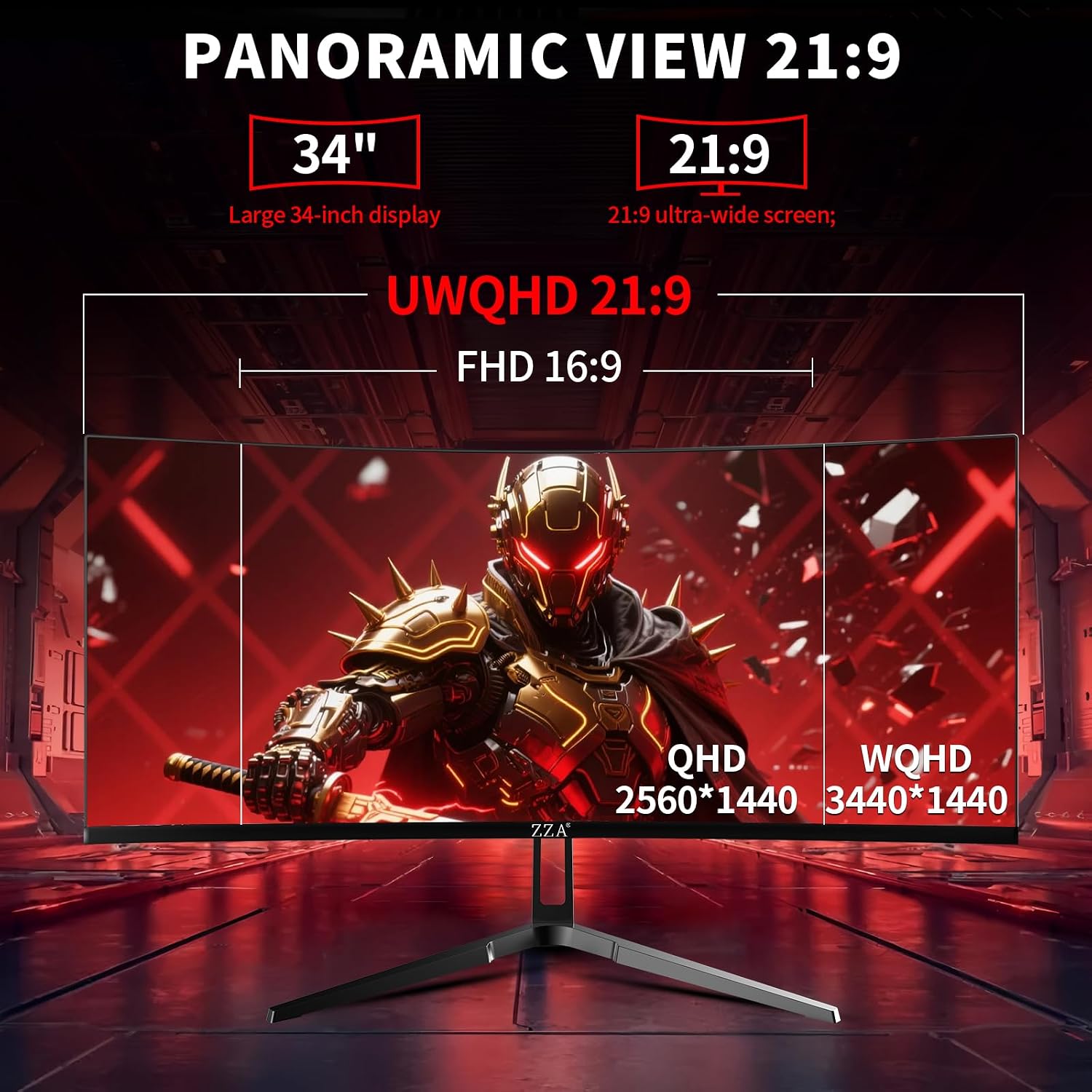 ZZA 34 Inch Curved Gaming Monitor, 3440x1440 UltraWide WQHD 240Hz, 1ms, Adaptive-Sync, HDR Display, 1500R, Bezel-Free Design, Eye Care, VESA Mount, for Gaming, Work, Streaming, Coding, Home Office