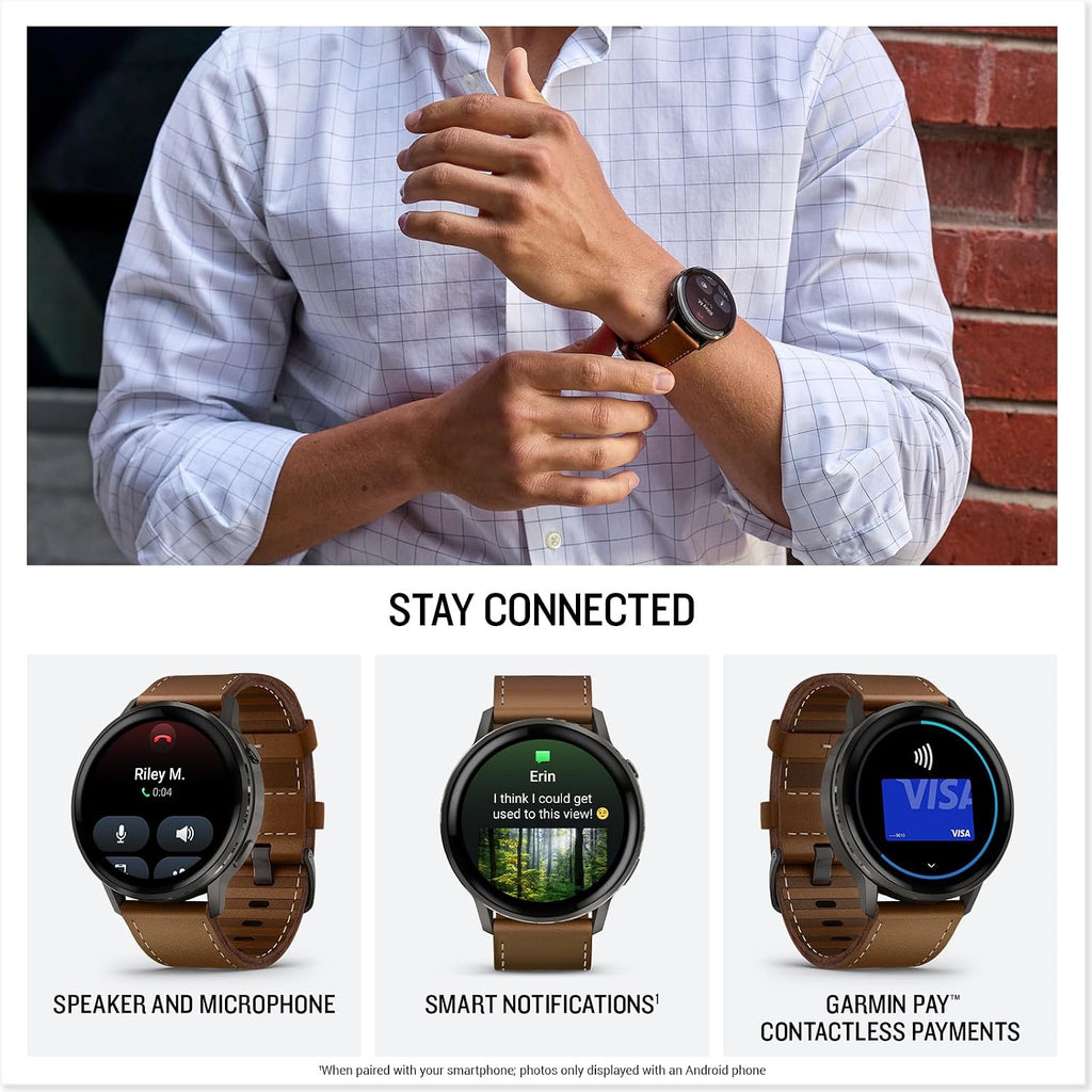 PlayBetter Garmin Venu 4 (Slate/Black/Brown Leather, 45mm) Fitness GPS Smartwatch Bundle - AMOLED Display, Built-in Flashlight, Long Battery Life Portable Charger & HD Screen Protectors