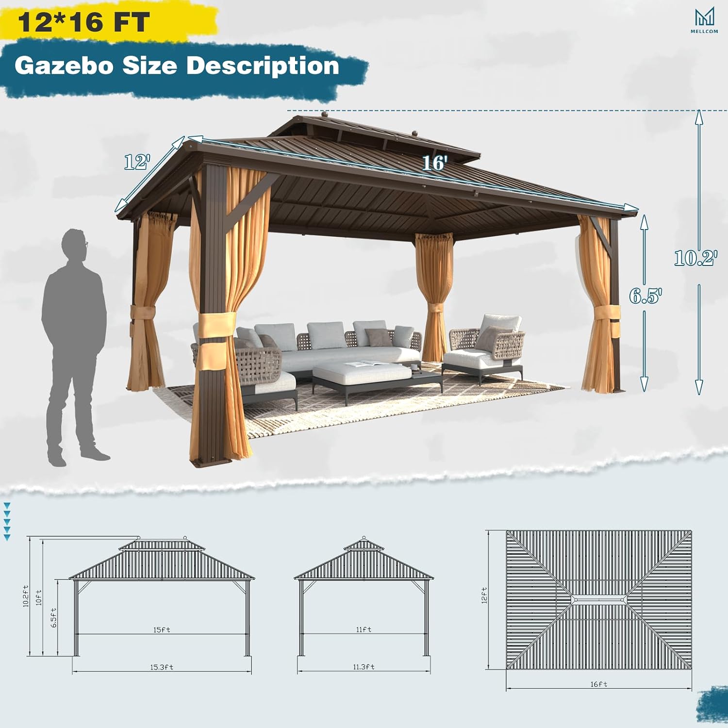 MELLCOM 12'x16' Hardtop Gazebo, Metal Double Roof Aluminum Gazebos with Curtain and Netting,Brown Permanent Galvanized Steel Pavilion for Patio, Lawn & Deck