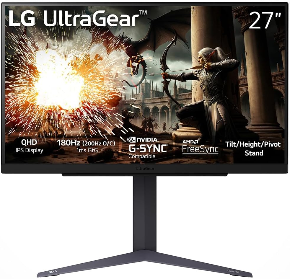 LG 27GS75QX-B 27' Ultragear QHD 1440P 180Hz 1ms G-Sync Compatible IPS Gaming Monitor Bundle with Elite Suite 18, 2X HDMI Cable and Deco Gear CPS Exclusive 26 Month Protection Pack (BEACH-CPS-26M500)