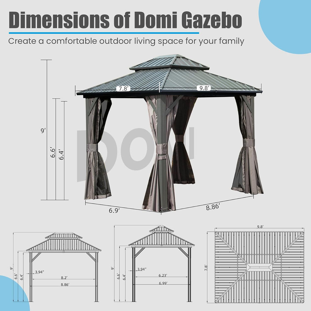 Domi 8' x 10' Hardtop Gazebo Permanent Metal Gazebo with Galvanized Steel Double Roof, Curtains and Netting for Party, Wedding, Outdoor Dining, Patio, Backyard, Grey