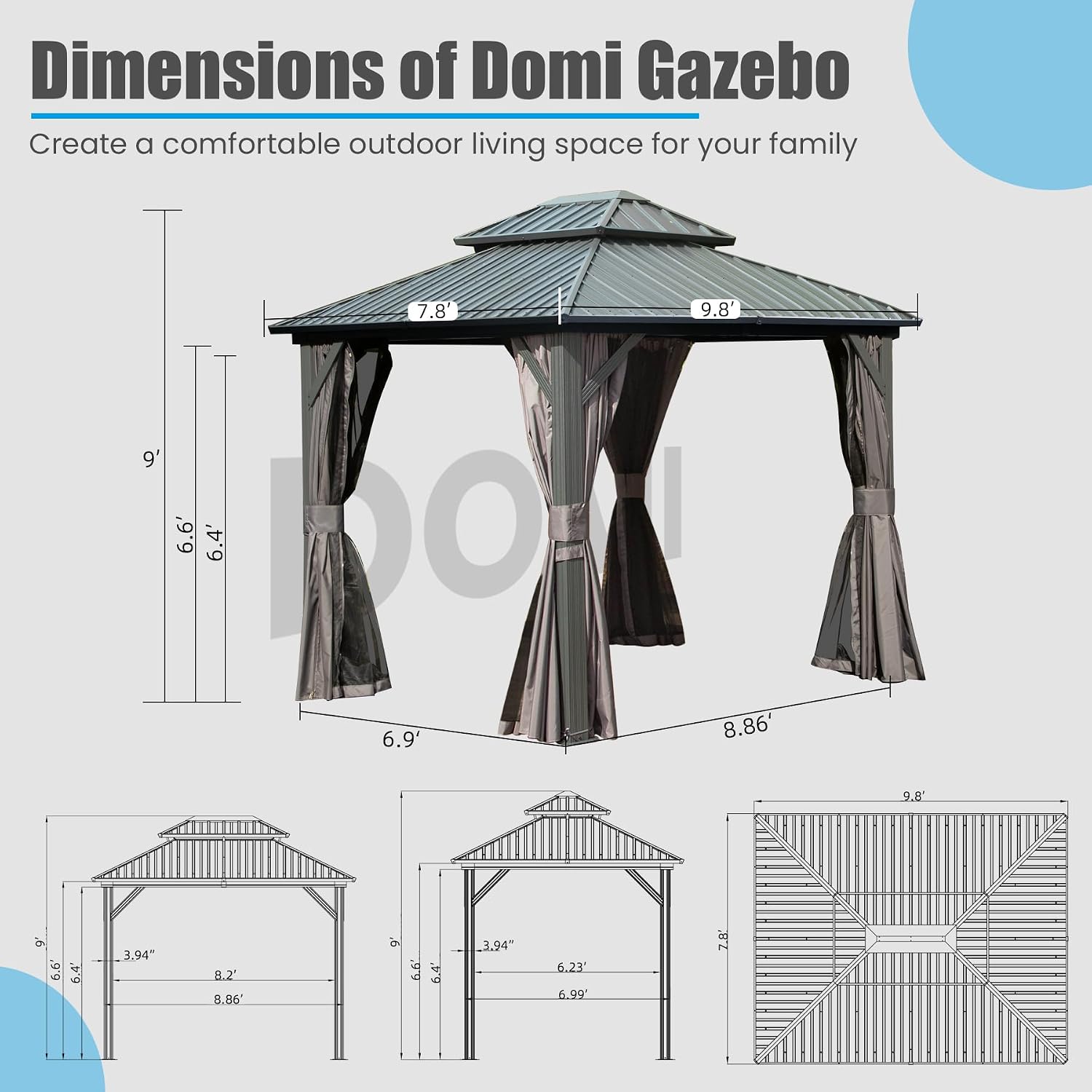 Domi 8' x 10' Hardtop Gazebo Permanent Metal Gazebo with Galvanized Steel Double Roof, Curtains and Netting for Party, Wedding, Outdoor Dining, Patio, Backyard, Grey