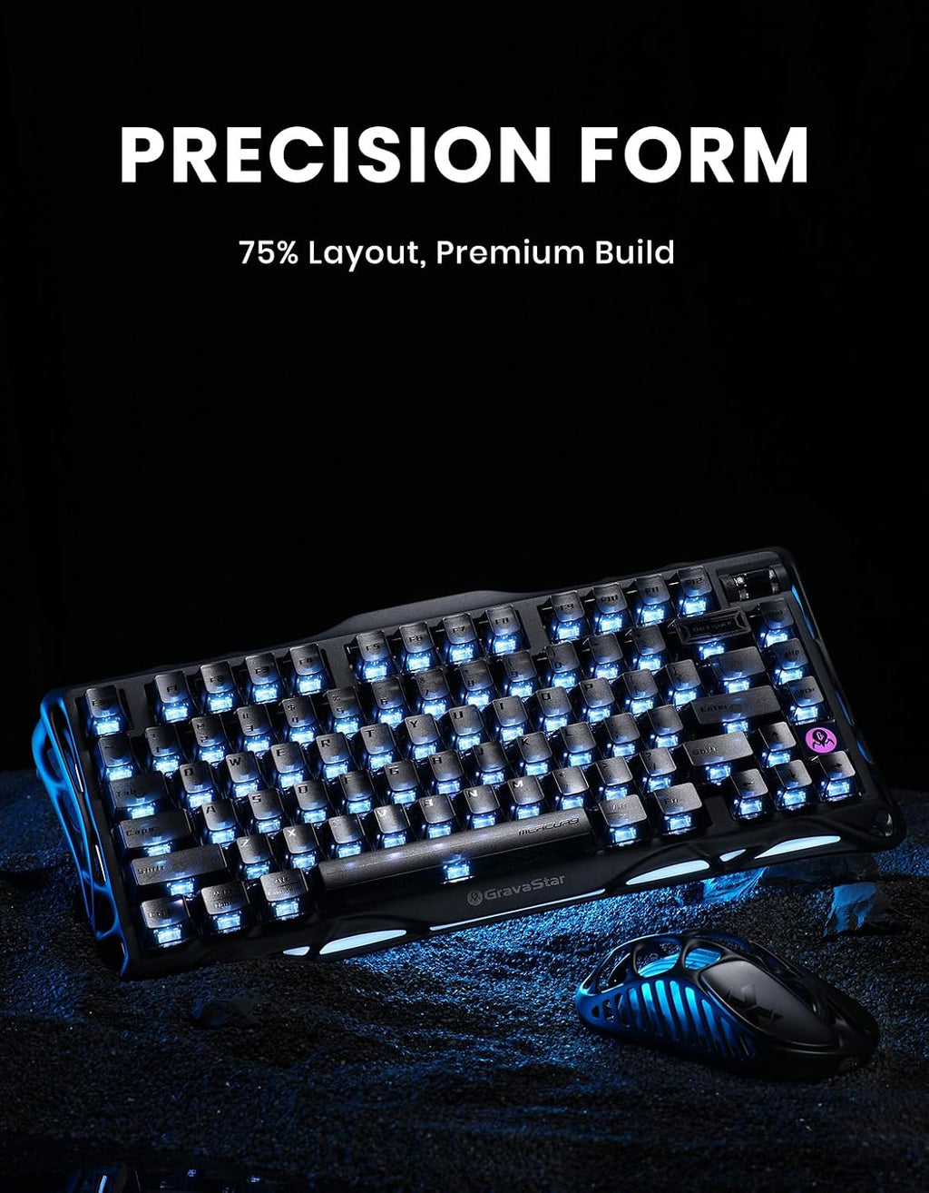 GravaStar Mercury K1 75% Wireless Mechanical Keyboard, Aluminum Alloy Gaming Keyboard with Knob, Hot Swappable, Linear Switches, Transparent Keycaps, RGB Backlit, 2.4GHz/BT5.0/USB for PC Gaming