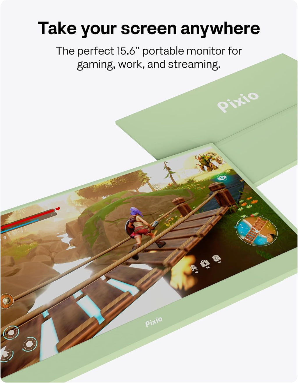 Pixio PX160 Wave Mint Green Portable Monitor 15.6 inch 60Hz FHD 1080p IPS Panel HDR Screen Cover Stand USB-C HDMI Laptop Screen Extender Portable Monitor for Laptop, PC, Console, Phone