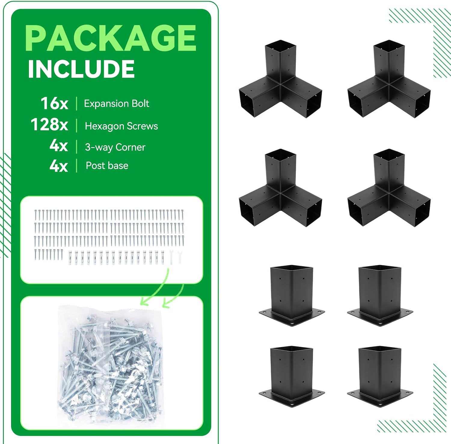 ECOTRIC Pergola Brackets Kit 4x4 (Actual 3.9''x3.9'') Woodworks DIY Pergola kit with 3-Way Right Angle Corner Support Bracket Post Base Kit DIY Elevated Wood Stand Bracket for Outdoor Patio Pergolas