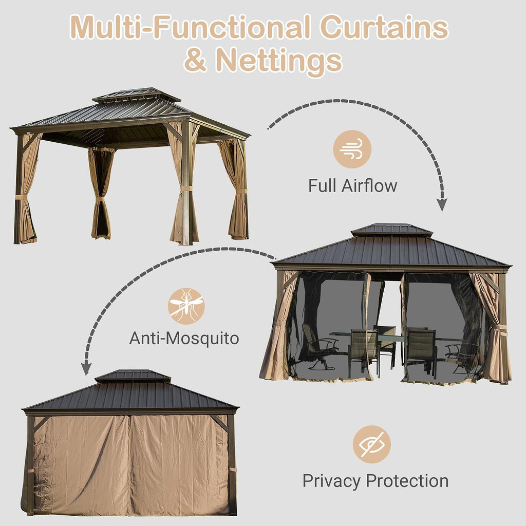 Domi 10' X 14' Hardtop Gazebo Permanent Outdoor Gazebo with Galvanized Steel Double Roof, Aluminum Frame, Curtains and Netting for Patio Lawn and Garden, Brown