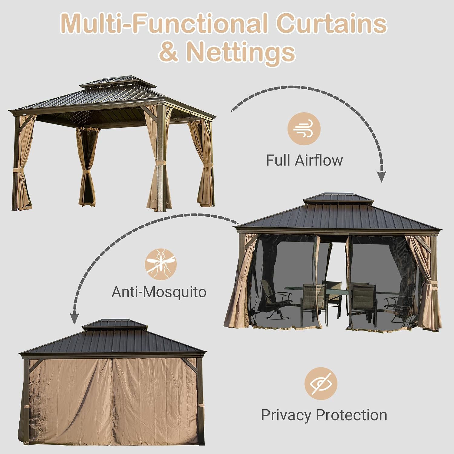 Domi 10' X 14' Hardtop Gazebo Permanent Outdoor Gazebo with Galvanized Steel Double Roof, Aluminum Frame, Curtains and Netting for Patio Lawn and Garden, Brown