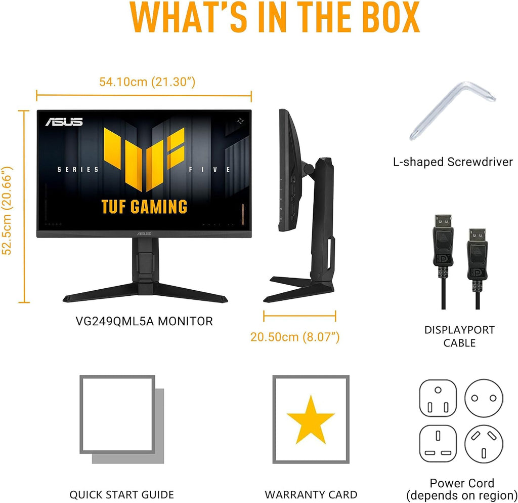 ASUS TUF Gaming Series 5 23.8' 1080P Monitor (VG249QML5A) - Fast-IPS, 240Hz, 0.3ms, G-SYNC Compatible, FreeSync Premium, 99% sRGB, Height Adjustable, DisplayWidget, Gaming AI, 3 yr Warranty