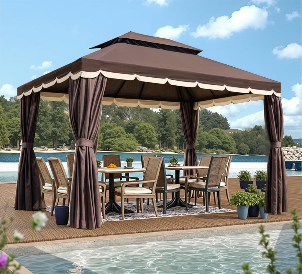 Gazebo for Patio, Outdoor 10x13 Gazebo Canopy Tent with Mosquito Netting & Curtains, Party Tent Shelter with Waterproof Double Vented Roof for Garden, Deck, Backyard, Lawn (Brown)
