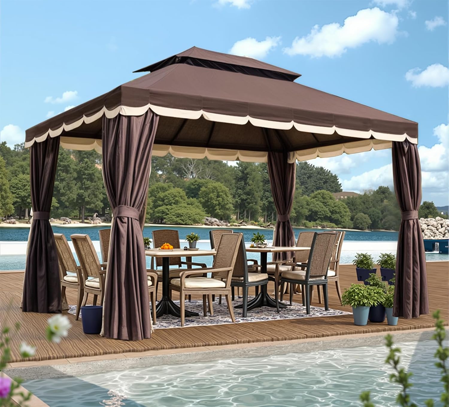 Gazebo for Patio, Outdoor 10x13 Gazebo Canopy Tent with Mosquito Netting & Curtains, Party Tent Shelter with Waterproof Double Vented Roof for Garden, Deck, Backyard, Lawn (Brown)
