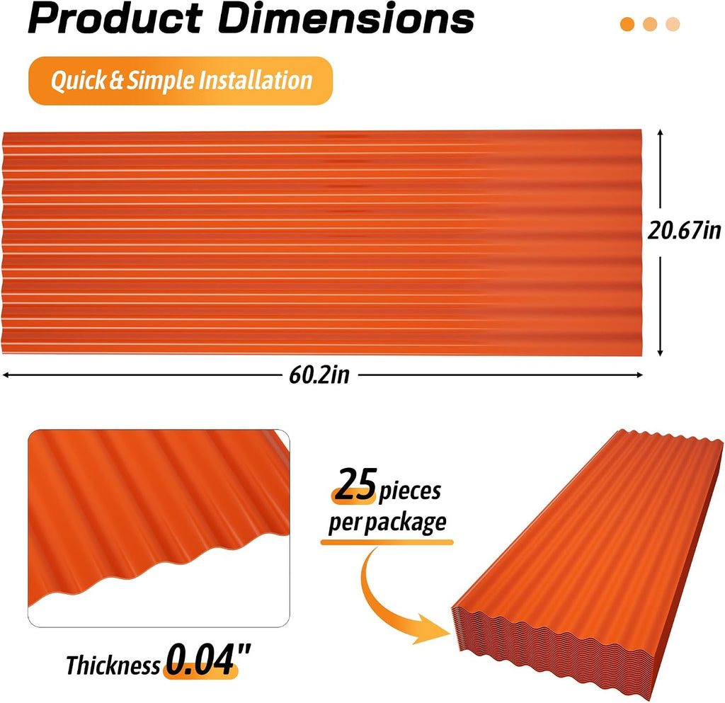 Resin Roof Panels 25Pcs 60.2×20.67 Inches with Screws, Corrugated PVC Roofing Panels, Waterproof Wall Panel Siding Panels Sheets for Garages, Sheds, Chicken Coop, Stables and Mobile Homes, Orange