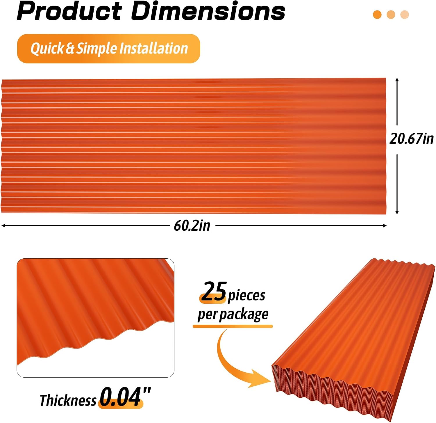 Resin Roof Panels 25Pcs 60.2×20.67 Inches with Screws, Corrugated PVC Roofing Panels, Waterproof Wall Panel Siding Panels Sheets for Garages, Sheds, Chicken Coop, Stables and Mobile Homes, Orange