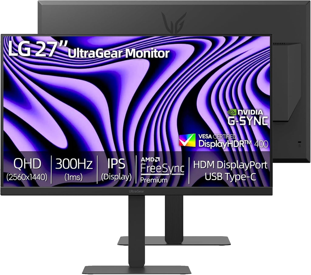 LG 27' QHD Ultragear Monitor, 300Hz, 1ms, NVIDIA G-Sync, AMD FreeSync Premium, VESA DisplayHDR 400,HDMI, Displayport, USB Type-C, Tilt/Height/Swivel & Pivot Adjustment Stand