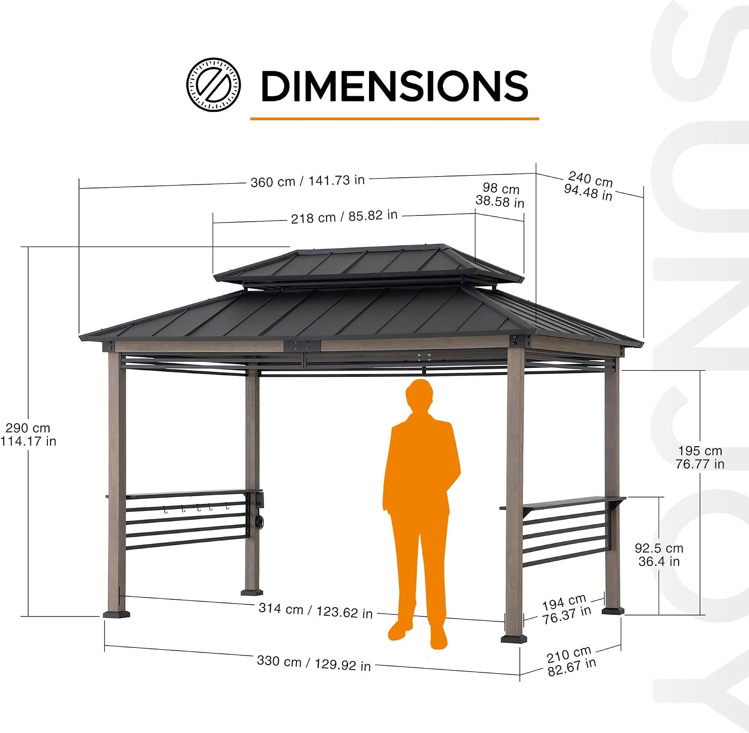Sunjoy Wooden Grill Gazebo with AC Power Port, 8 x 12 ft. Steel Hardtop Outdoor Gazebo for Year-Round Grilling, Cedar Framed Gazebo with Built-in Electrical Outlets and Decorative Fence, Black