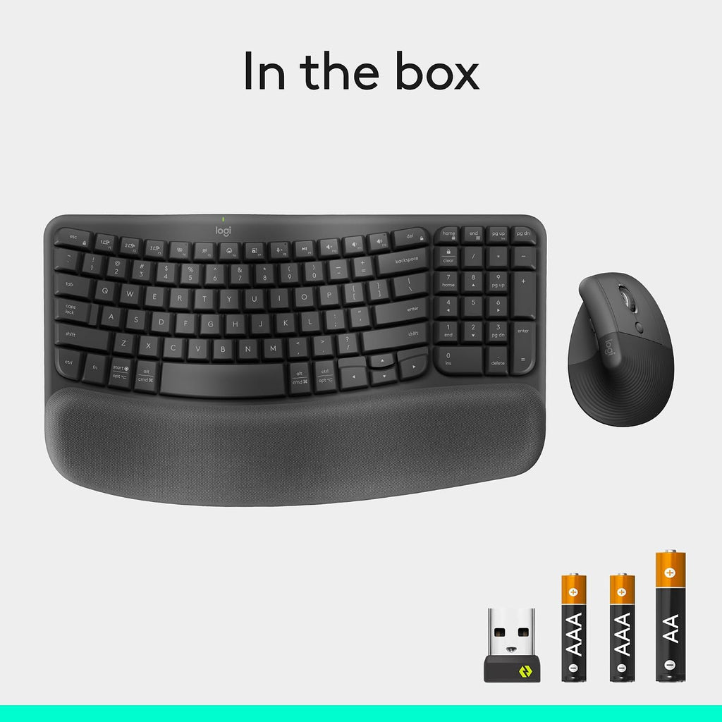 Logitech Wave Keys & Lift Vertical Mouse - Ergonomic Wireless Keyboard and Mouse Combo - with Cushioned Palm Rest, Easy-Switch, Bluetooth, for Multi-OS, Windows/Mac - Graphite