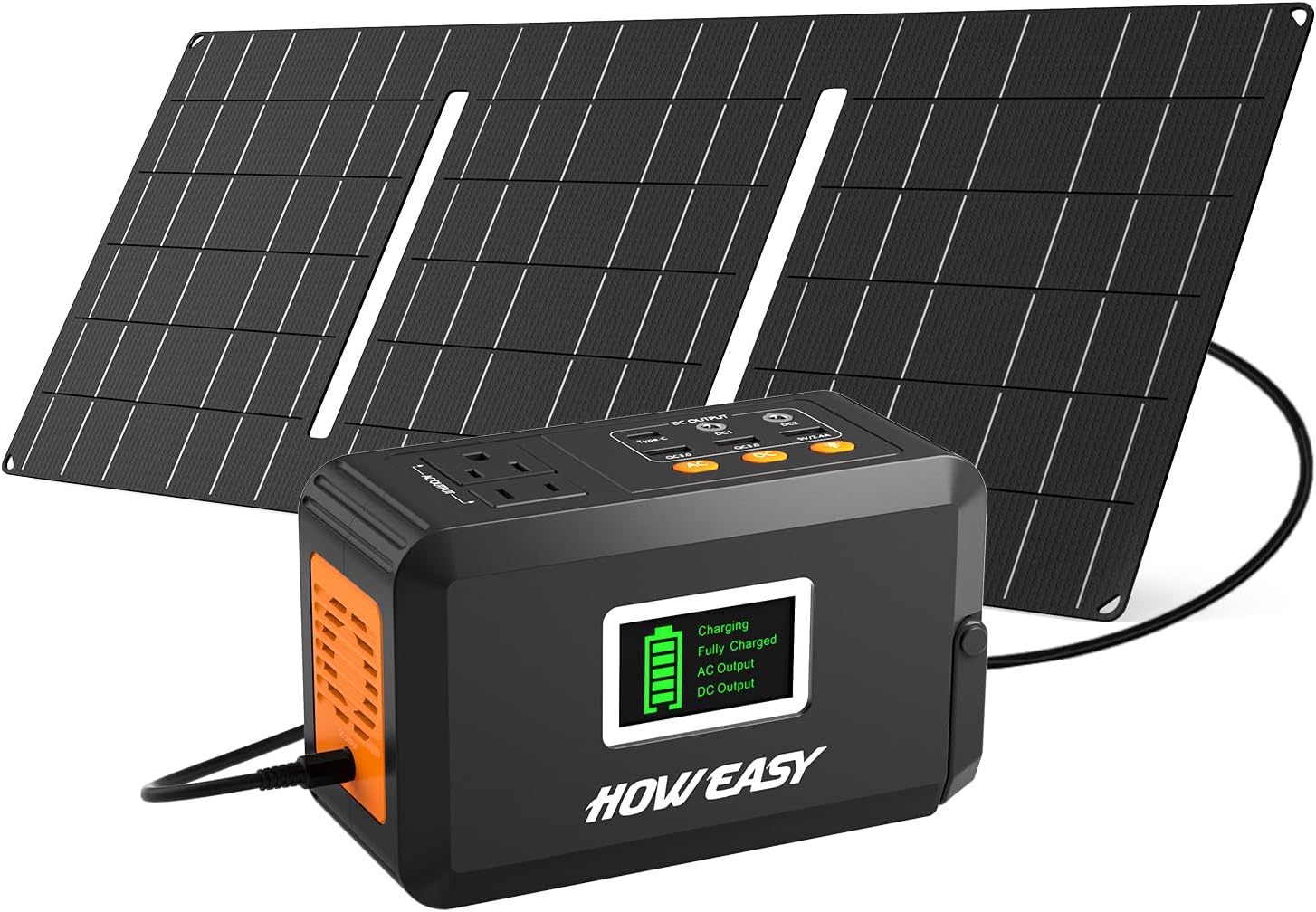 HOWEASY Solar Generator 120W(240W Peak), Portable Power Station with 30W Solar Panel,Power Bank with 110V AC Outlet for Camping, Home, Outdoor Emergency