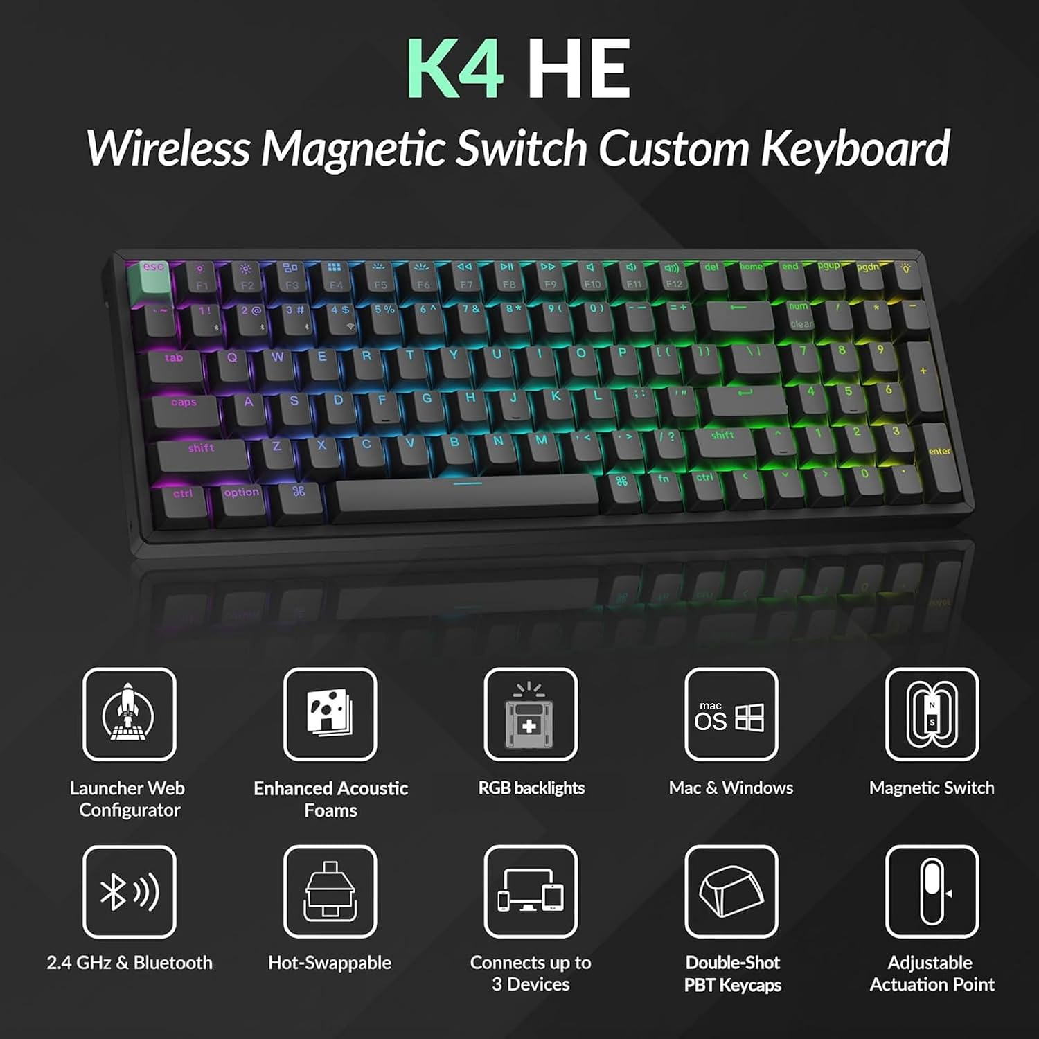 Keychron K4 HE 96% Wireless Hall Effect Keyboard with Number Pad, Rapid Trigger Magnetic Switches, QMK Launcher, 2.4GHz/Bluetooth/Wired, Mac & Windows, Aluminum Frame, Black (Shine-Through)