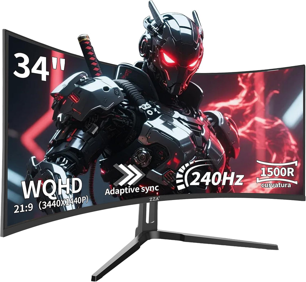 ZZA 34 Inch Curved Gaming Monitor, 3440x1440 UltraWide WQHD 240Hz, 1ms, Adaptive-Sync, HDR Display, 1500R, Bezel-Free Design, Eye Care, VESA Mount, for Gaming, Work, Streaming, Coding, Home Office