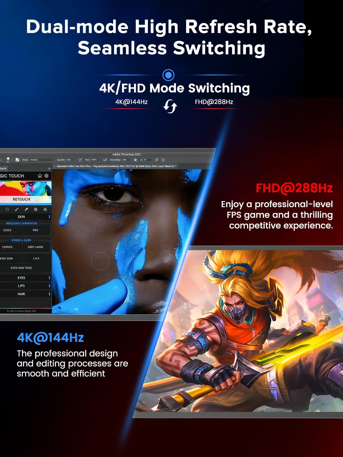 UPERFECT Portable Monitor 27', Dual Mode 4K UHD 144Hz/FHD 288Hz Gaming Monitor, 0.1ms FreeSync, 600 Nits, 125% sRGB, USB-C & HDMI 2.1 & DP 1.4, Large Second Screen for Laptop, Computer, Game Consoles